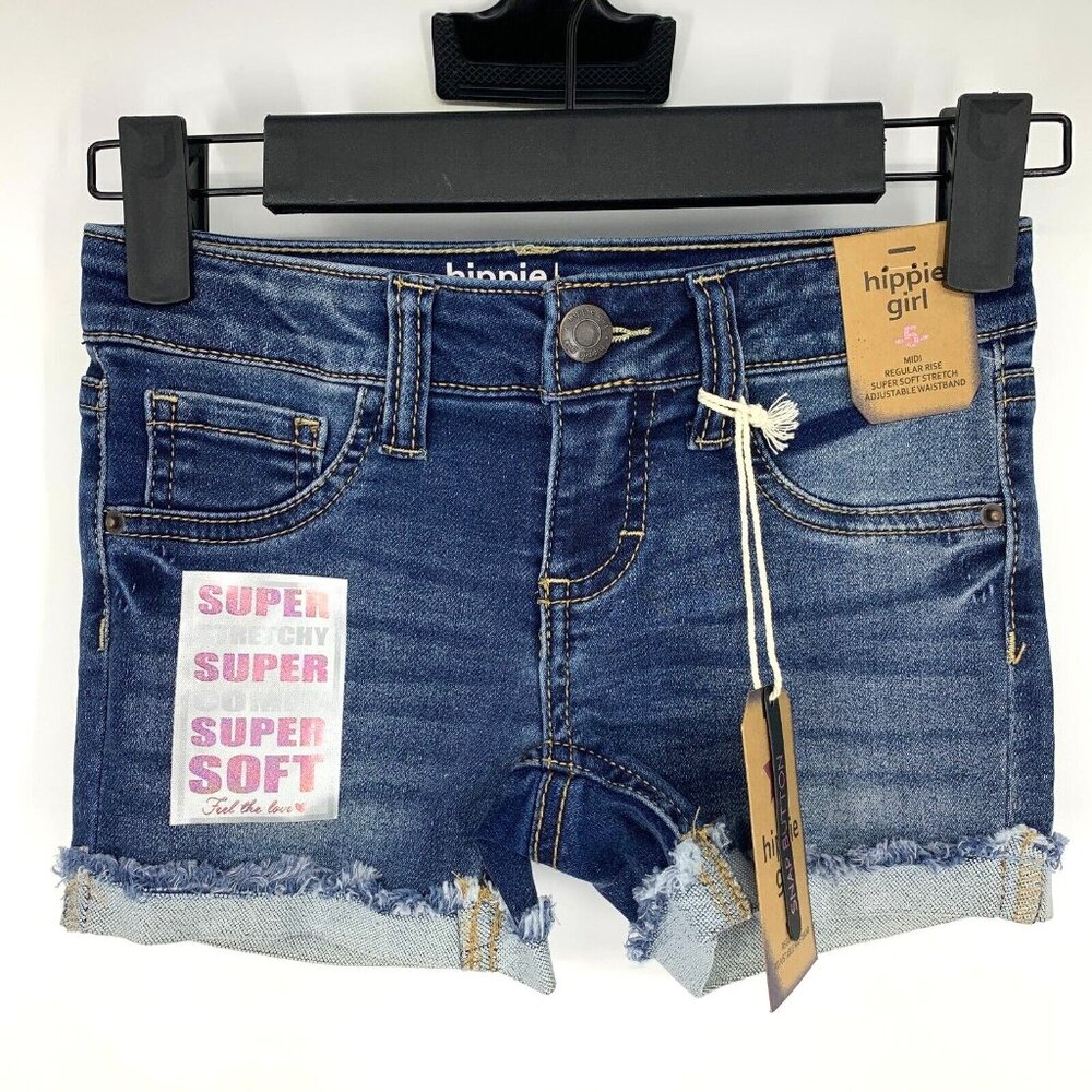 Hippie Girl Denim Shorts Midi Snap Button Soft Stretch Adjustable